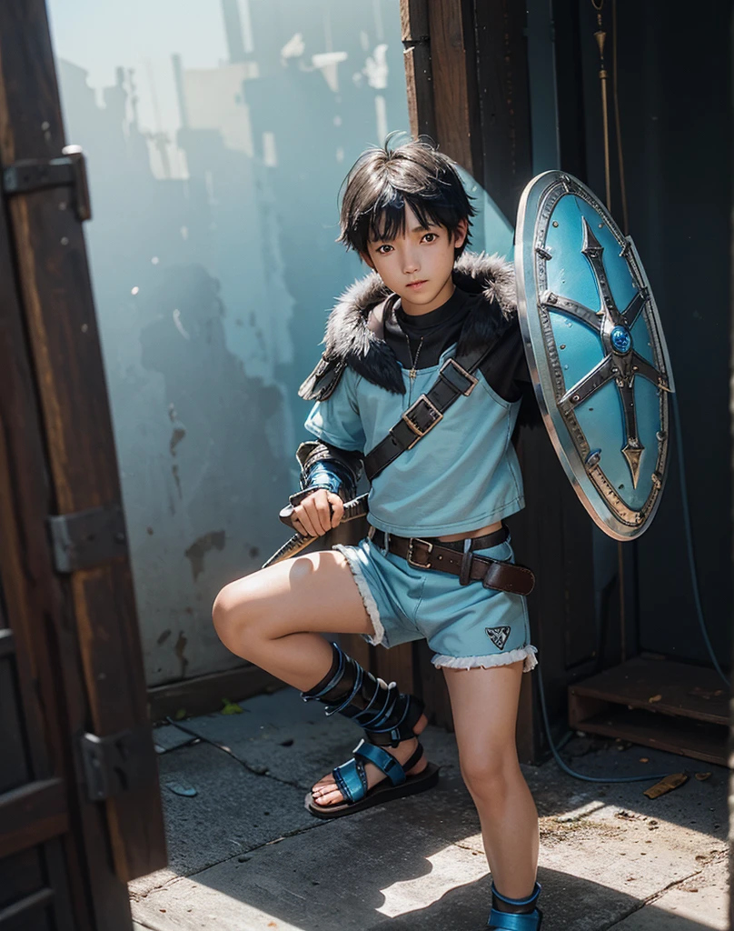 Young 13-year-old boy with black hair and brown eyes, innocent and happy, dressed in short neon-blue medieval barbarian clothes, fur shorts, light-blue battle armor, weilding silver sword and shield, sandals; fullbody; short hair, boyish athletic, sexy,