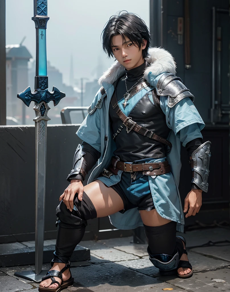 Young 13-year-old boy with black hair and brown eyes, innocent and happy, dressed in short neon-blue medieval barbarian clothes, fur shorts, light-blue battle armor, weilding silver sword and shield, sandals; fullbody; short hair, boyish athletic, sexy,