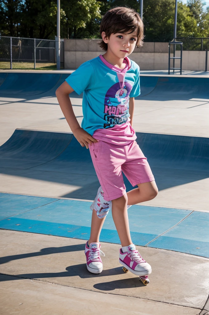 A little transgender boy playing in the skate park, wearing girly clothes