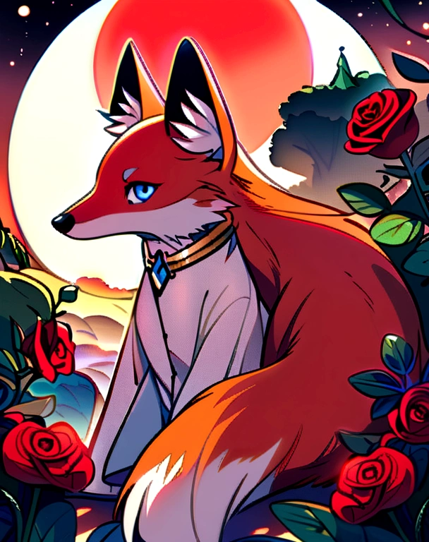 A  prince with golden hair, blue eyes, on a fist planet while caressing a red rose and in the background a red fox watching 