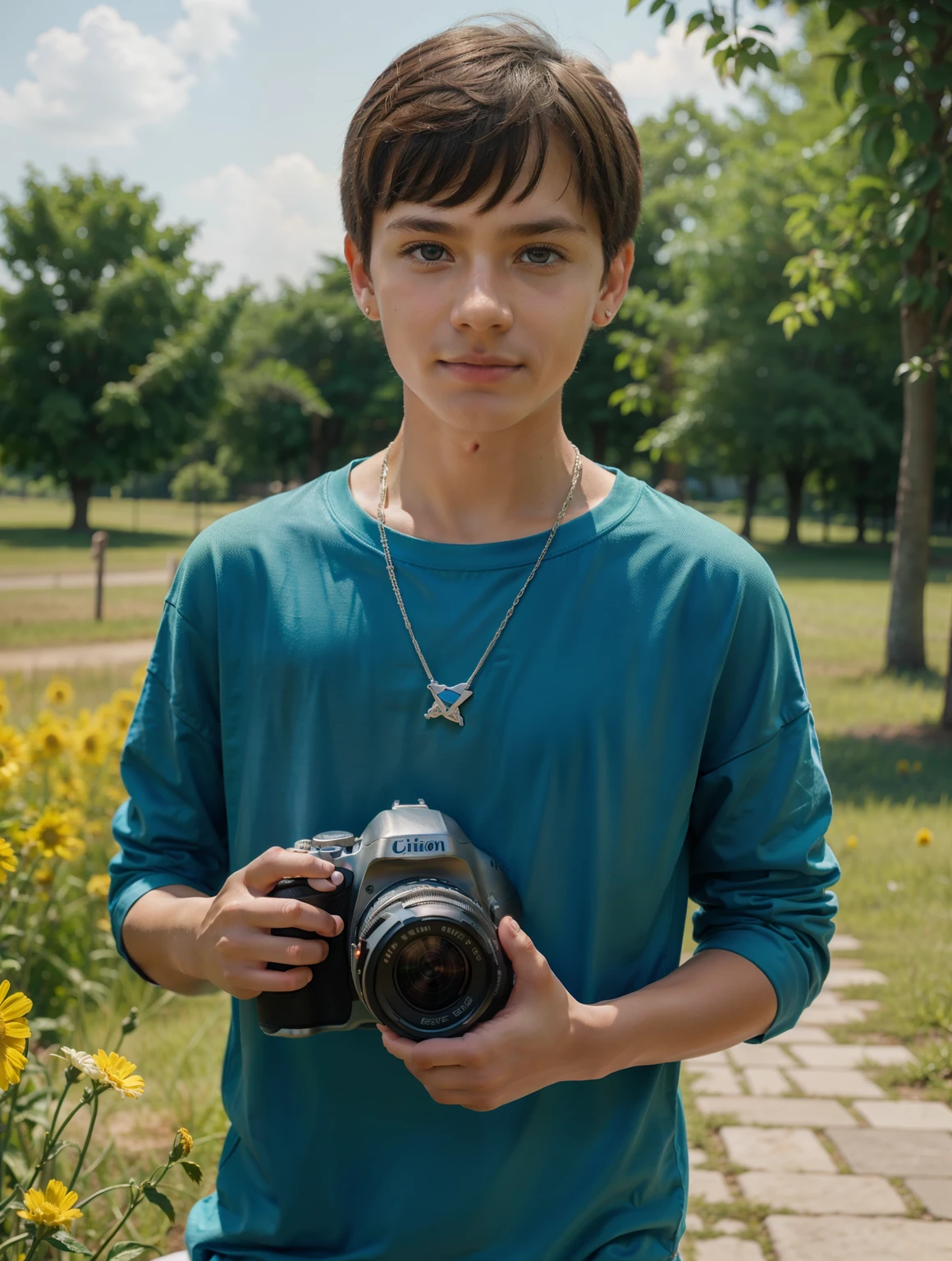 (cute, beautiful) Ukrainian (teen boy), (wearing) (loose summer outfit), [holding camera]. (Optimistic).

(Photorealistic), (vivid colors), (ultra-detailed), (masterpiece:1.2), [studio lighting].

Please generate the Stable Diffusion prompt directly without adding any prefix.