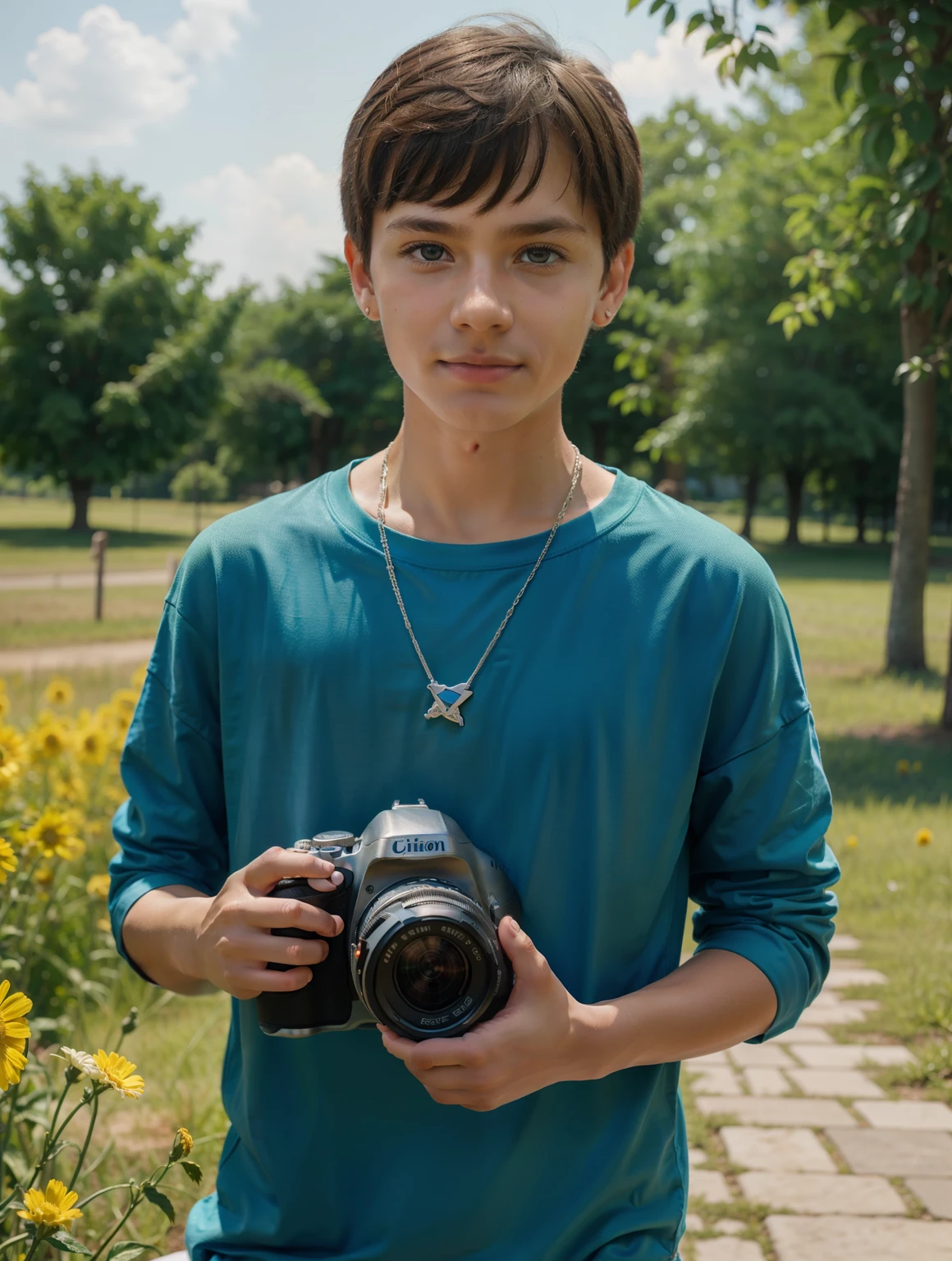 (cute, beautiful) Ukrainian ( boy), (wearing) (loose summer outfit), [holding camera]. (Optimistic).

(Photorealistic), (vivid colors), (ultra-detailed), (masterpiece:1.2), [studio lighting].

Please generate the Stable Diffusion prompt directly without adding any prefix.