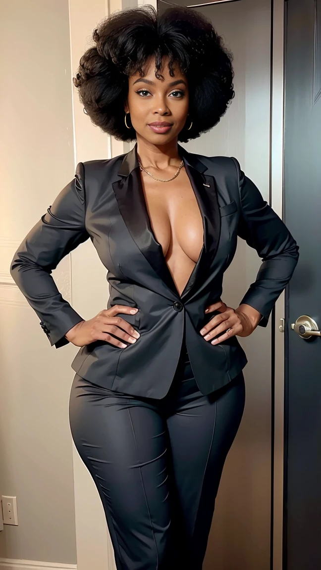 very classy and sexy 53 year old woman in formal gray suit((53 ans))she is accompanied by an elegant, athletic, 53-year-old Afro-American man