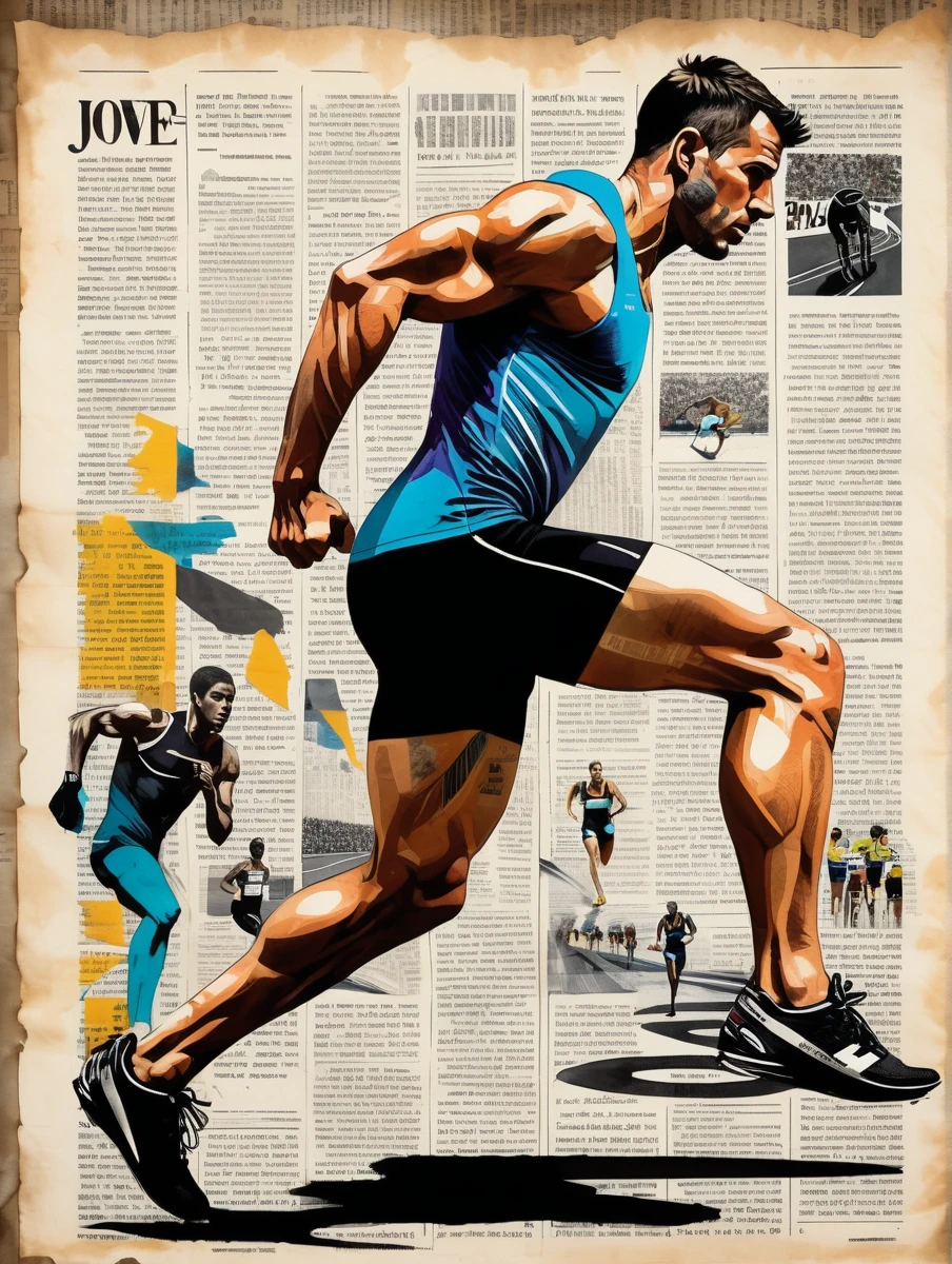(ink on newspaper in the style of Loui Jover:1.5), In the center of the scene, an athlete meticulously cut out of a magazine is positioned at the starting line. His muscles are tense and the race track stretches straight and flat before him..