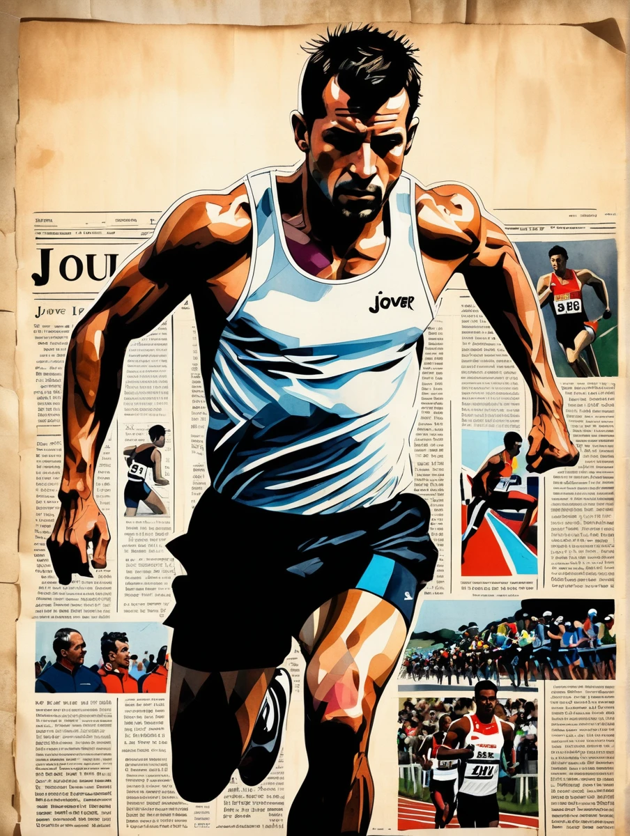 (ink on newspaper in the style of Loui Jover:1.5), In the center of the scene, an athlete meticulously cut out of a magazine is positioned at the starting line. His muscles are tense and the race track stretches straight and flat before him..