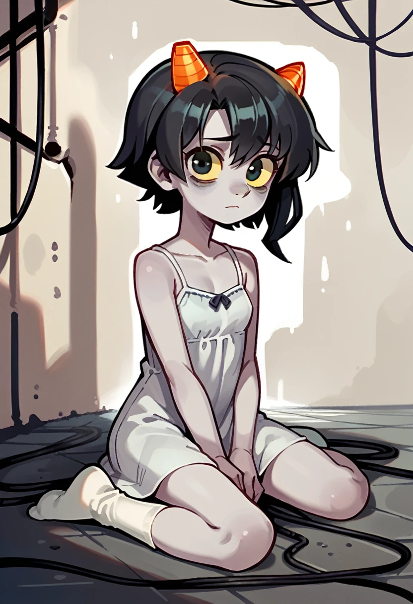 score_9, score_8_up, score_7_up, score_6_up, score_5_up, score_4_up, source_anime, lain, solo, 1girl, young adult, light gray skin, black hair, black eyes, yellow sclera, emotionless, looking at viewer, long bangs, hair between eyes, two tiny orange horns, pitch black pupils, long sidelocks, thin eyebrows, colorful, soft artstyle, flat chest, tired droopy soft eyes, gray skin, grey lamb ears, white simple nightgown, white socks, wires, cables, sitting on ground, hands on lap, hunched over, rating_safe, ghostly, fading, void background, void full of code, asymmetrical hair, tangled in cables, souless stare, shadow over face, shadowed face, shaded face, 