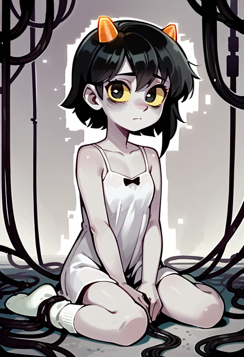 score_9, score_8_up, score_7_up, score_6_up, score_5_up, score_4_up, source_anime, lain, solo, 1girl, young adult, light gray skin, black hair, black eyes, yellow sclera, emotionless, looking at viewer, long bangs, hair between eyes, two tiny orange horns, pitch black pupils, long sidelocks, thin eyebrows, colorful, soft artstyle, flat chest, tired droopy soft eyes, gray skin, grey lamb ears, white simple nightgown, white socks, wires, cables, sitting on ground, hands on lap, hunched over, rating_safe, ghostly, fading, void background, void full of code, asymmetrical hair, tangled in cables, souless stare, shadow over face, shadowed face, shaded face, 