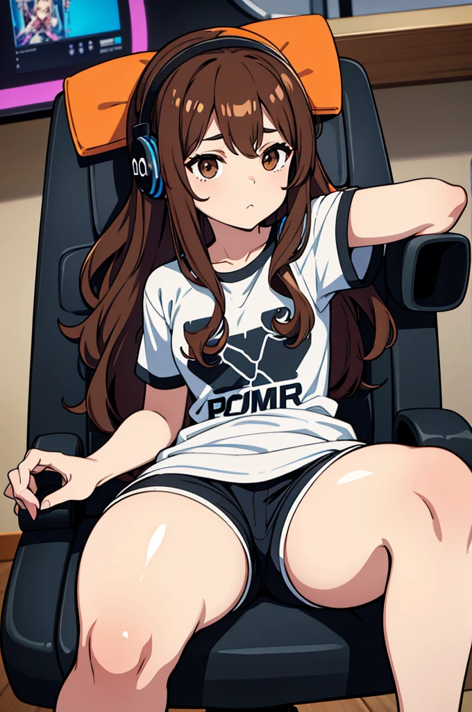 long curly brown hair, brown eyes, sitting at desk, gamer headset, gamer chair, gamer phone, pale skin, thick thighs, shirt, shorts