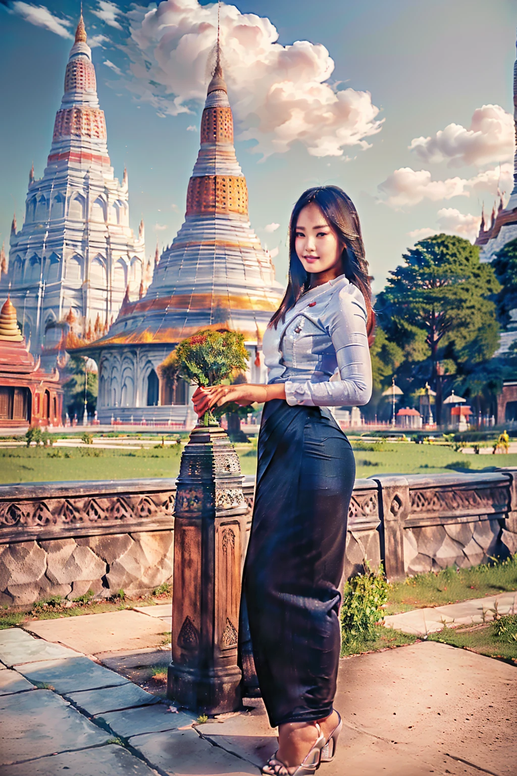 arafed asian woman in a satin dress standing in front of a crowd, (((full body view:2))), ((pretty lady MoonLay:1.2)), (pretty lady MoonLay), ((((pretty lady MoonLay's innocent cute face and cute small smile:1.3)))), (random other girls), ((wearing Myanmar traditional elegant and stylish affair:1.2)), ((white top and red bottom satin dress color:1.2)), blue stiletto high heel, south east asian with square face, traditional beauty, beautiful asian girl, anime thai girl, a young beautiful asian woman, (((photorealistic background))), ((in a park with Myanmar temple and pagoda at far background:1.5)), (((realistic sky and cloud:1.3))), (cinematic enhance HDR portrait lighting, perfect anatomy, cannon mark v, DSLR quality, (perfect anatomy).