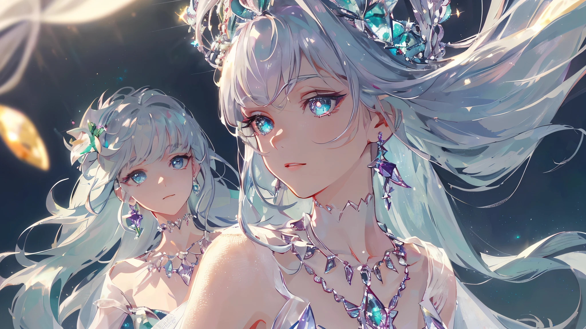 masterpiece, highest quality, figure, alexandrite eyes and hair, platinum earrings, Platinum Necklace, white dress, The Little Mermaid, cute, (dynamic lighting:1.2), cinematic lighting, delicate features, fine eyes, sharp pupils, realistic student, Depth of bounds written, Bokeh, sharp focus, (very detailed, bloom, shine:1.4), Many Small Gems