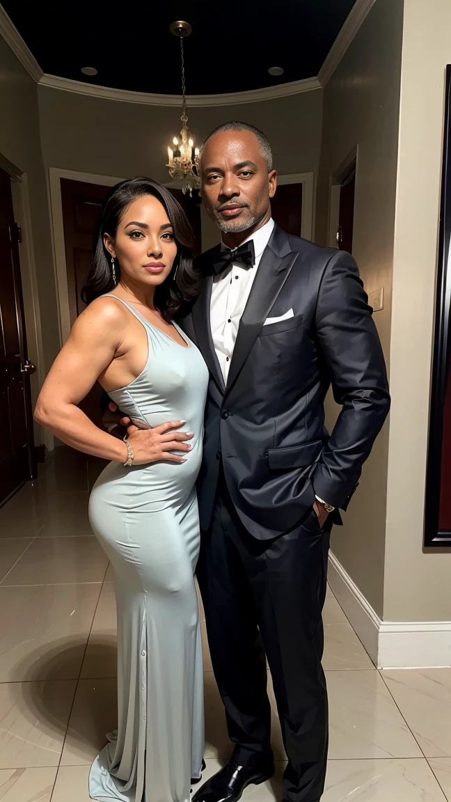 1 very classy and sexy 53 year old woman in a formal gray suit((53 ans))she is accompanied by 1 elegant athletic African American man of 53 years old