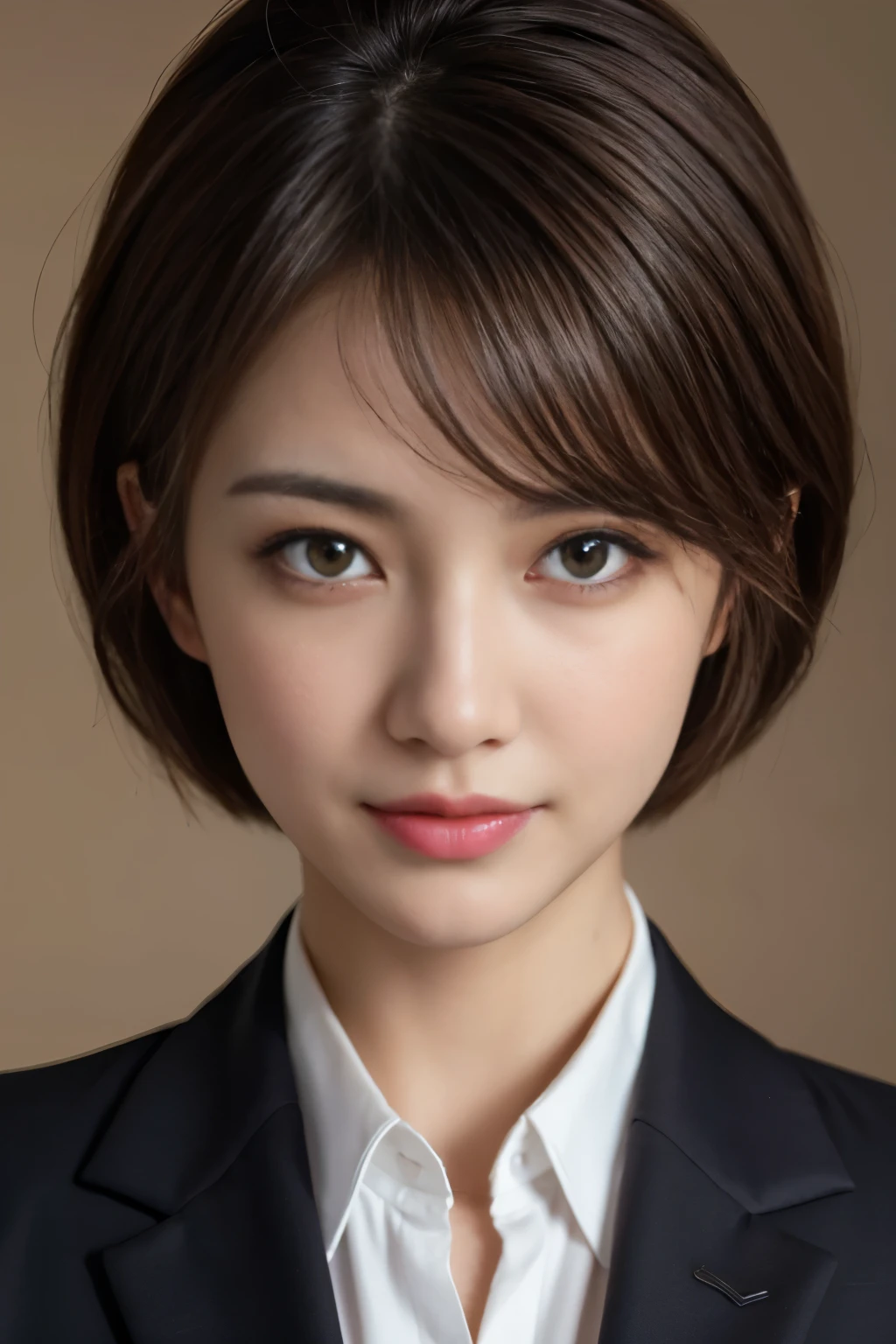 The best quality at its best, Realistically, Super detailed, More about pubic hair, High resolution, Plain background，8k wallpaper, One beautiful woman,,Light brown short hair, Wear a dark suit, Lock Focus, Perfect dynamic composition, Beautiful Eyes, Delicate hair, 细致Realistically的皮肤纹理, smile, Close-up portrait, Model Body Type