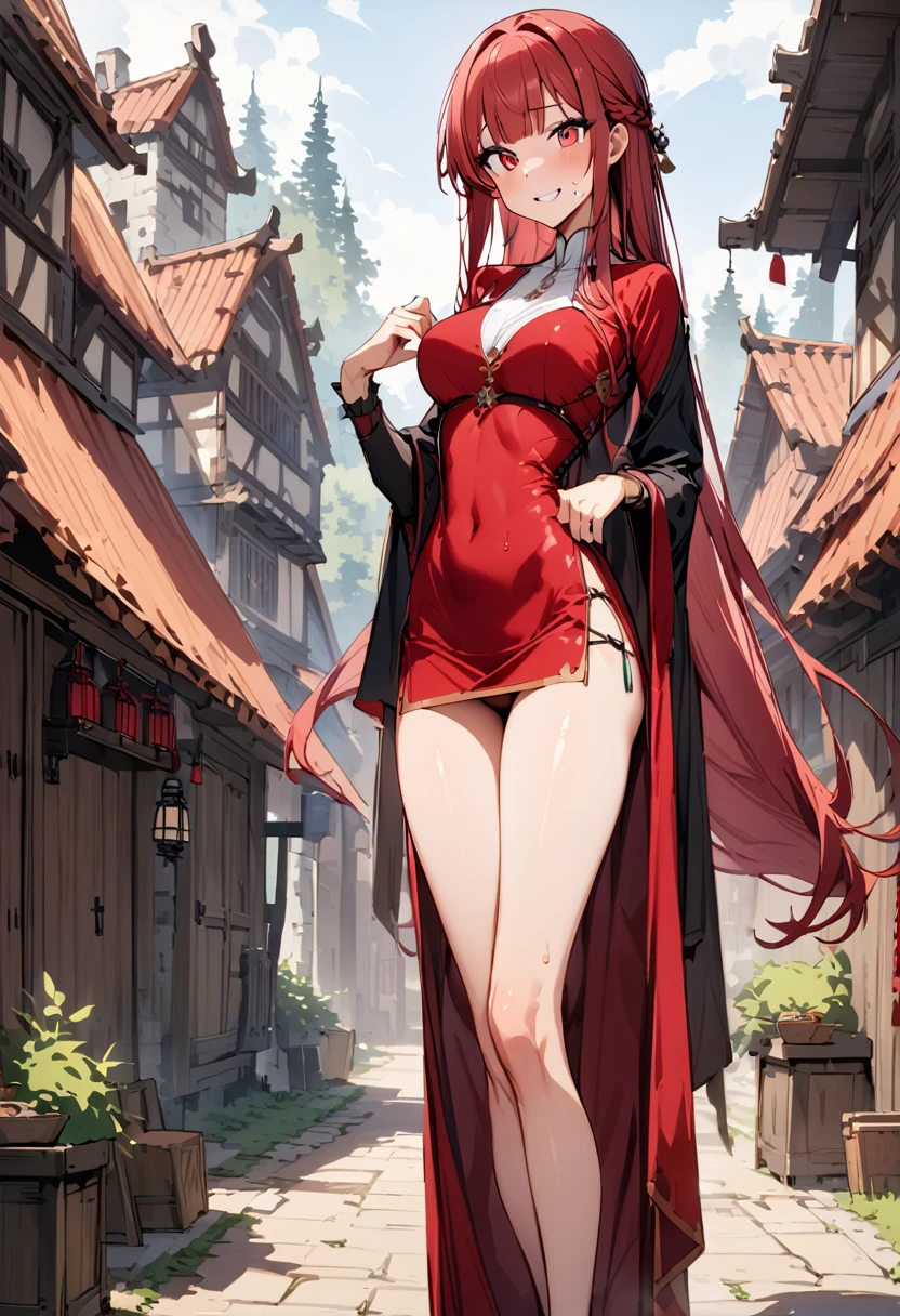 ((masterpiece,Highest quality:1.3)),30 year old beauty,独奏,((very small head:1.3)),red hair,long hair,blunt bangs,red eyes,gorgeous eyes,shy,smile,medium breasts,((very long body:1.2)),((toned body,slender body,)),skinny,gleaming skin,shiny skin,sweat,(A plain, off-white Henley shirt、Long sleeve、Red mini skirt)、rural area、sunny、Medieval Europe、
