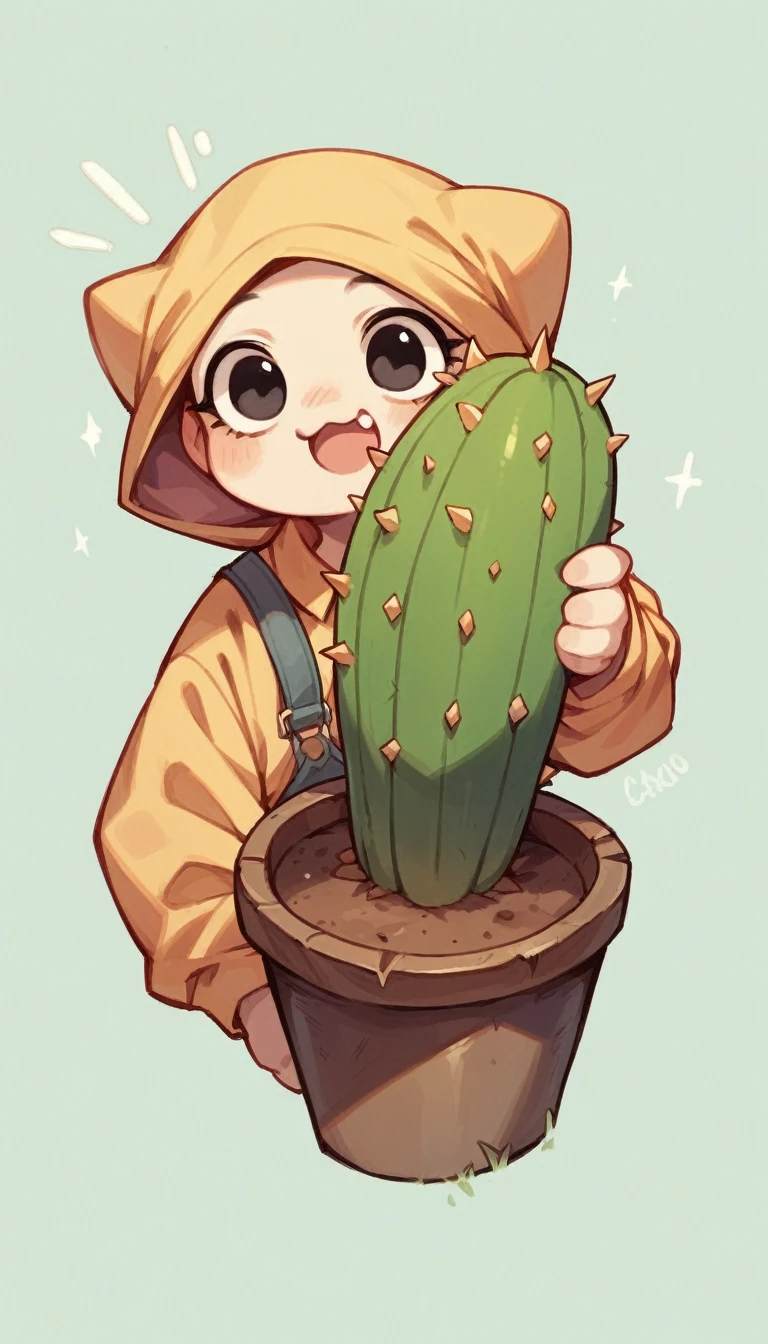 Cute little round cactus monster with totally black eyes