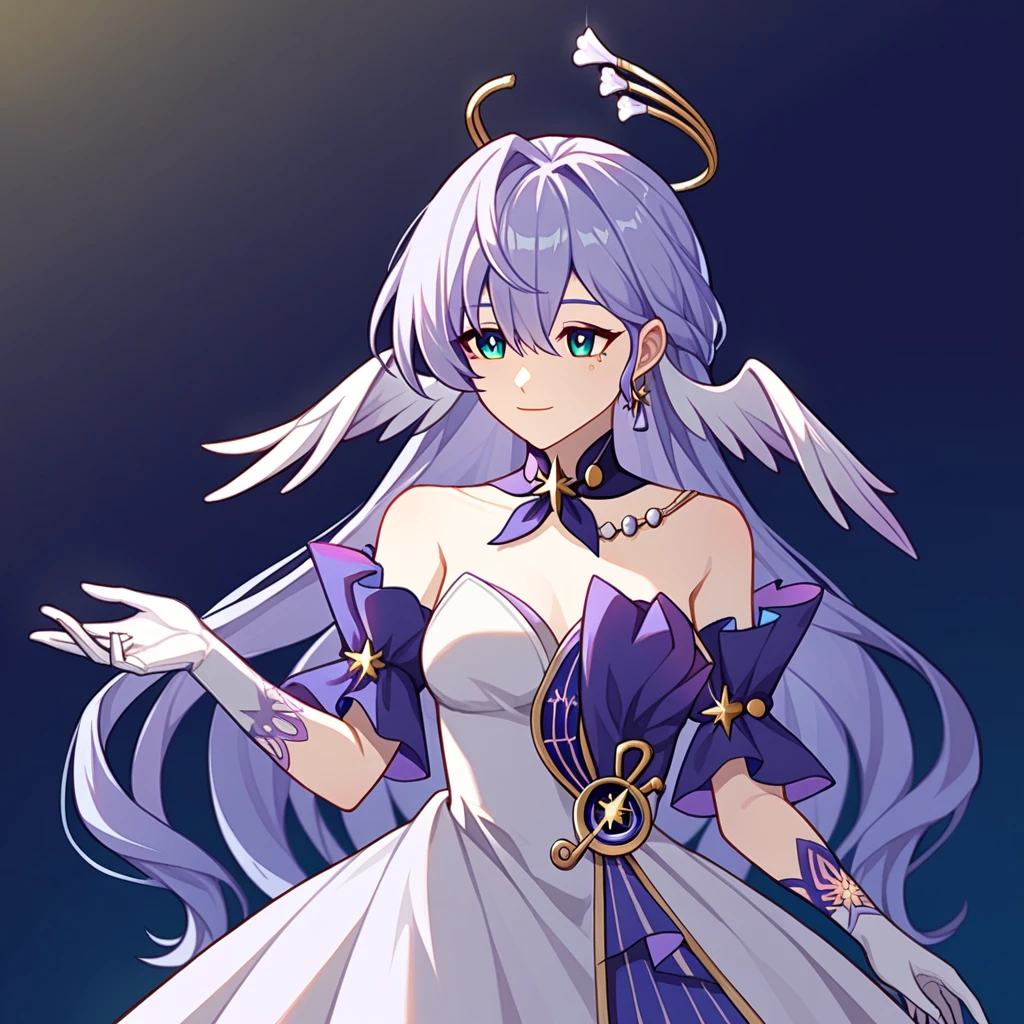 1girl, robin_\(honkai:_star_rail\), bare_shoulders, head_wings, white_dress, white_gloves, detached_sleeves, short_sleeves, aqua_eyes, long_hair, halo, purple_dress, hair_between_eyes, earrings, purple_hair
