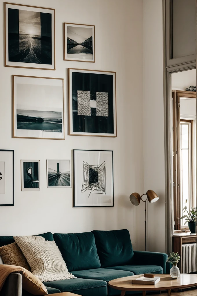 Old living room with abstract photos and drawings on the wall