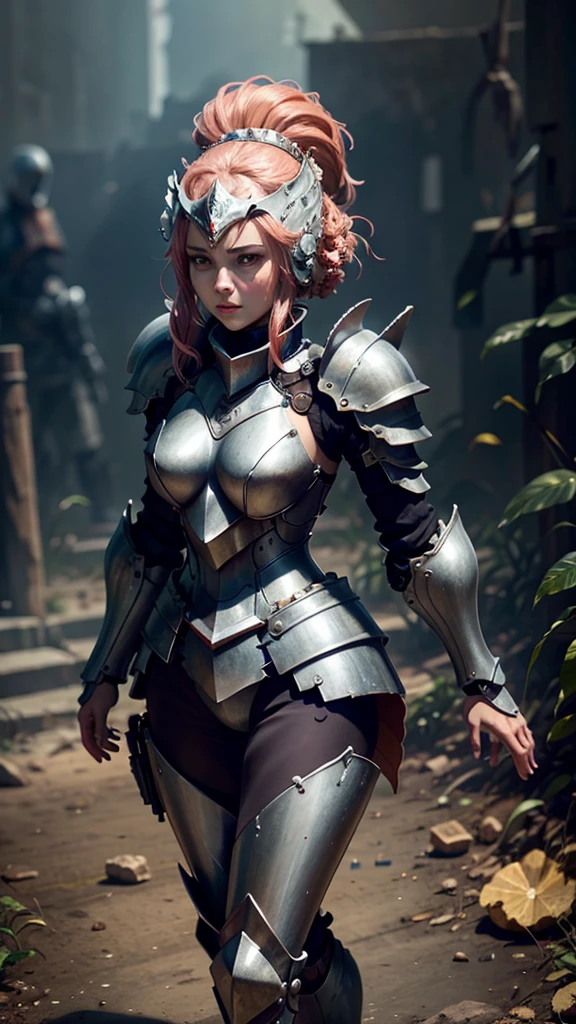 (masterpiece, highest quality, highest resolution, distinct_image, detailed details): coral theme armor lady knight, with detailed carving on it, full body view