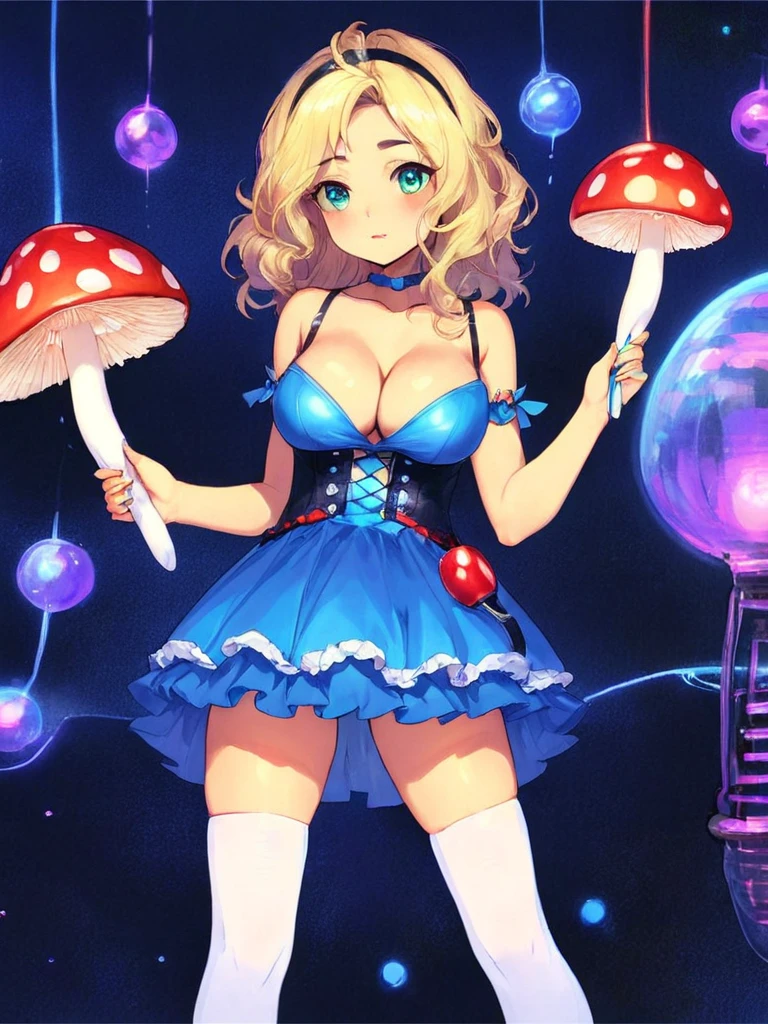 a beautiful 20 year old blonde woman with big messy hair in a blue dress, white stockings, black headband, cleavage, holding a glowing mushroom, fantasy art style, rossdraws cartoon vibrant, alice in wonderland cyberpunk, cute detailed digital art, colorfull digital fantasy art, digital fantasy art ), glossy digital painting, rossdraws pastel vibrant, rossdraws 2. 5, rossdraws 1. 0
