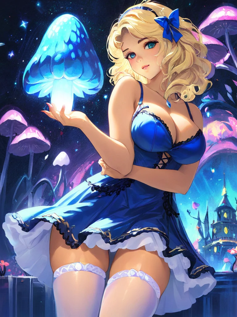 a beautiful 20 year old blonde woman with big messy hair in a blue dress, white stockings, black headband, cleavage, holding a glowing mushroom, fantasy art style, rossdraws cartoon vibrant, alice in wonderland cyberpunk, cute detailed digital art, colorfull digital fantasy art, digital fantasy art ), glossy digital painting, rossdraws pastel vibrant, rossdraws 2. 5, rossdraws 1. 0