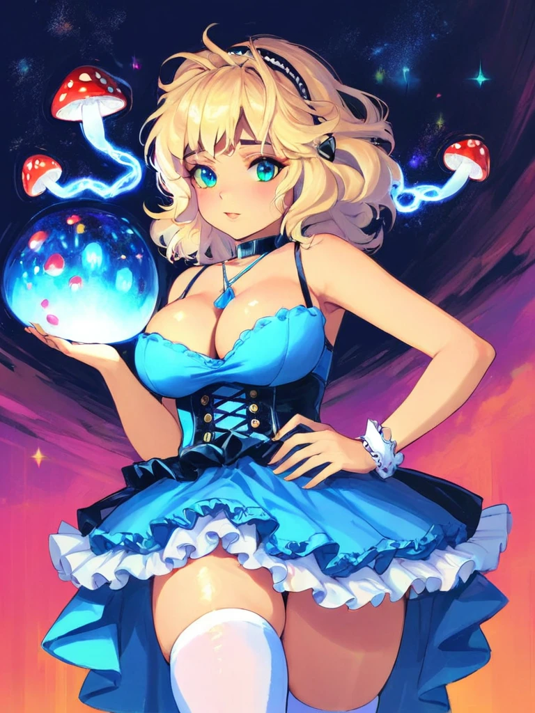 a beautiful 20 year old blonde woman with big messy hair in a blue dress, white stockings, black headband, cleavage, holding a glowing mushroom, fantasy art style, rossdraws cartoon vibrant, alice in wonderland cyberpunk, cute detailed digital art, colorfull digital fantasy art, digital fantasy art ), glossy digital painting, rossdraws pastel vibrant, rossdraws 2. 5, rossdraws 1. 0