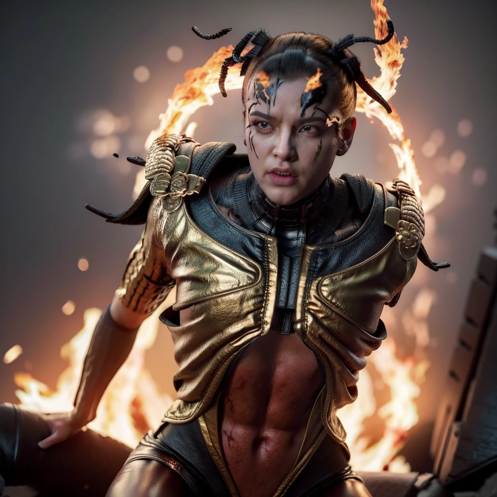 scorpion character with face with skull exposed in flames from mortal kombat, 8K, realistic and vibrant flames, burning hell scene behind, realistic clothing with lots of details, enhanced reflexes