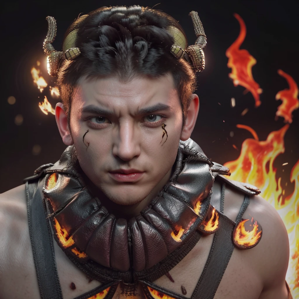 scorpion character with face with skull exposed in flames from mortal kombat, 8K, realistic and vibrant flames, burning hell scene behind, realistic clothing with lots of details, enhanced reflexes