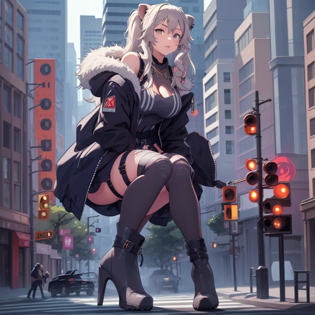 (giantess:1.5),1girl, building between thighs, ////////////// ,building,crowd, goth girl, jacket, yellow eyes, grey hair,Shishiro Boatn,outfit 1,lion girl,solo 1girl,GtsGiga, Rampage, giantess art,leg high boots,takker than the city,kaiju