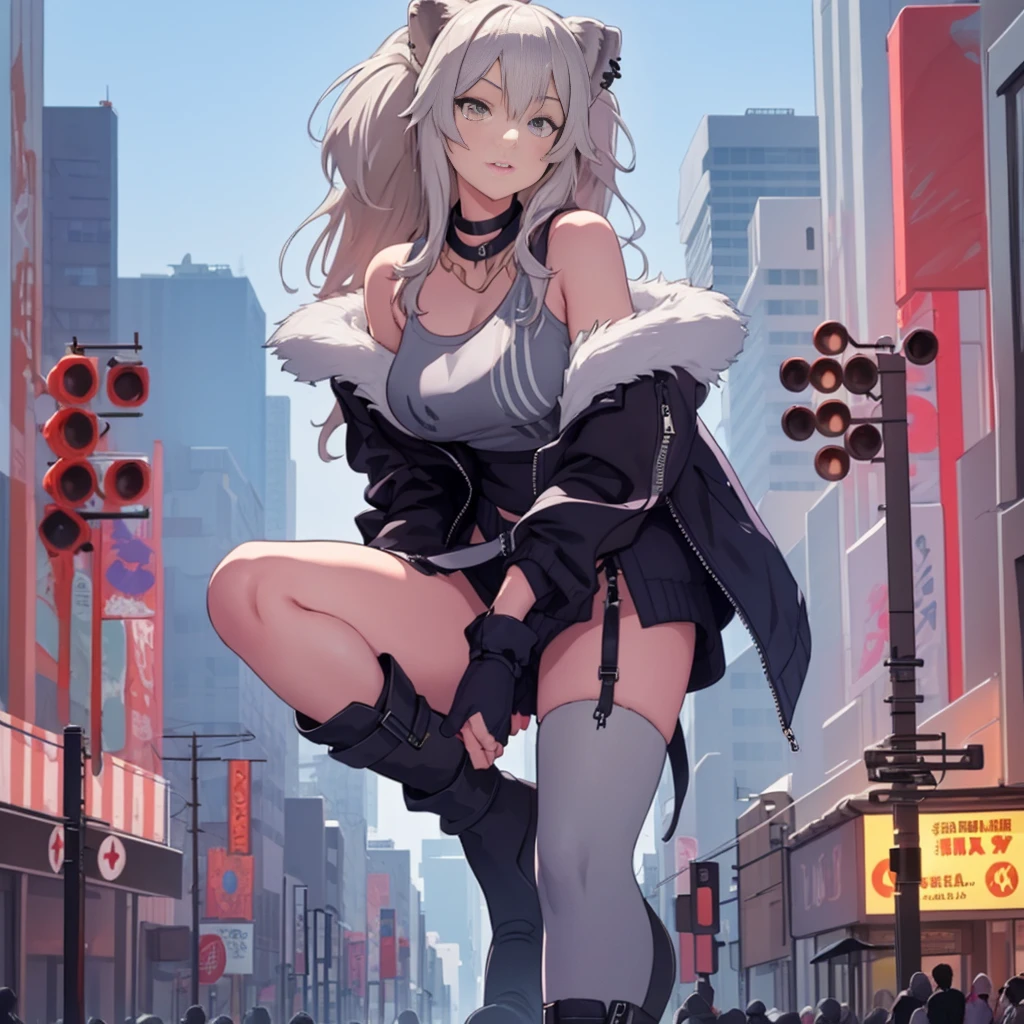 (giantess:1.5),1girl, building between thighs, ////////////// ,building,crowd, goth girl, jacket, yellow eyes, grey hair,Shishiro Boatn,outfit 1,lion girl,solo 1girl,GtsGiga, Rampage, giantess art,leg high boots,takker than the city,kaiju