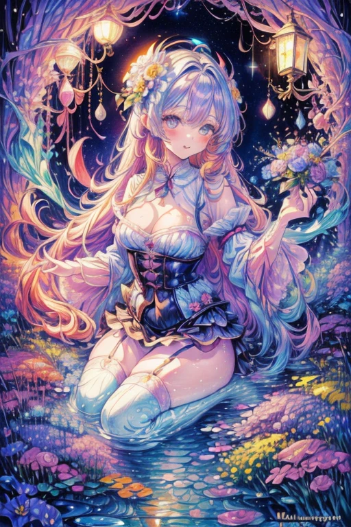 ((最high quality、8K、masterpiece:1.3)),high resolution、最high resolution、最high quality、high quality、Slender、Beautiful poopボディーライン、Beautiful poop大人の女性、huge 、Sexy Style、Accentuate your cleavage、Emphasize the chest、超detailedな、beautifully、aesthetic、Beautiful poop、masterpiece、Showing off cleavage)、garter belt、Beautiful poop女性は, (medium length yellow hair),、Cute smile, (Warm colors), Moist, Moist, Reflective plate, (Tabletop) 、(最high quality) (detailed) , (8K) (Studio Lighting) (Complex) , ((The flower arch is so fantastical and dreamy.)), Gorgeous, Fantastic fairy tale, A rich pastel color palette, Fantastic and dreamy theme, 夢のようなdetailed, Fairy tale setting:, (((A building with lots of flowers)))、Anime fantasy artwork, Anime fantasy illustration, Beautiful poopアートワークのイラスト, Beautiful poopアニメアートwork, Exquisite digital art, Complexな華やかなアニメCGIスタイル, Anime Art Nouveau Space Display, Beautiful poopアニメアート, Beautiful poopデジタル芸術作品, Beautiful poopファンタジーアニメ, detailed anime artwork, detailed Digital Anime Art, Dreamy psychedelic anime、Beautiful poop表現、Beautiful poop乳房、detailedな目、Clearly eye-catching, beautifullyて魅力的、Beautiful poop目、Tight waist、Beautiful poop白い肌、Red Crack、((Long hair decorated with flowers))、(Perfect female body:1.4)、(Sexy Underwear、garter belt、Enamel Bondage Costume)