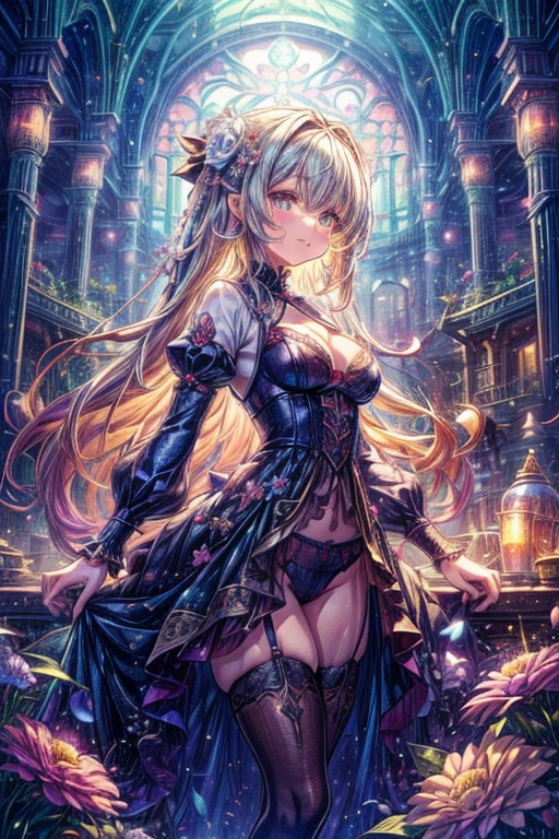 ((最high quality、8K、masterpiece:1.3)),high resolution、最high resolution、最high quality、high quality、Slender、Beautiful poopボディーライン、Beautiful poop大人の女性、huge 、Sexy Style、Accentuate your cleavage、Emphasize the chest、超detailedな、beautifully、aesthetic、Beautiful poop、masterpiece、Showing off cleavage)、garter belt、Beautiful poop女性は, (medium length yellow hair),、Cute smile, (Warm colors), Moist, Moist, Reflective plate, (Tabletop) 、(最high quality) (detailed) , (8K) (Studio Lighting) (Complex) , ((The flower arch is so fantastical and dreamy.)), Gorgeous, Fantastic fairy tale, A rich pastel color palette, Fantastic and dreamy theme, 夢のようなdetailed, Fairy tale setting:, (((A building with lots of flowers)))、Anime fantasy artwork, Anime fantasy illustration, Beautiful poopアートワークのイラスト, Beautiful poopアニメアートwork, Exquisite digital art, Complexな華やかなアニメCGIスタイル, Anime Art Nouveau Space Display, Beautiful poopアニメアート, Beautiful poopデジタル芸術作品, Beautiful poopファンタジーアニメ, detailed anime artwork, detailed Digital Anime Art, Dreamy psychedelic anime、Beautiful poop表現、Beautiful poop乳房、detailedな目、Clearly eye-catching, beautifullyて魅力的、Beautiful poop目、Tight waist、Beautiful poop白い肌、Red Crack、((Long hair decorated with flowers))、(Perfect female body:1.4)、(Sexy Underwear、garter belt、Enamel Bondage Costume)
