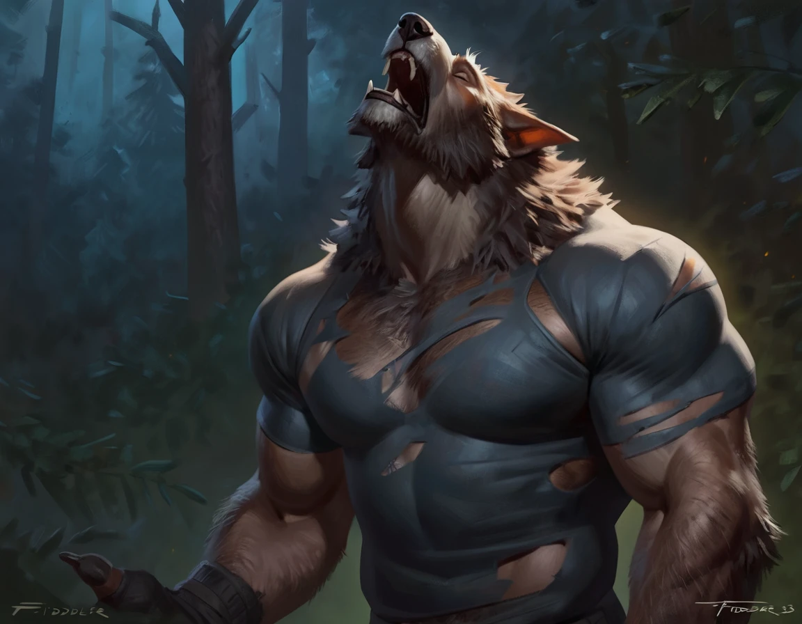 Male werewolf, comic style, illustration, alone, ABS, Pecs, concentrated expression, male body, masterpiece, Best Art, whole body, digitigrade, by ouna, by violinist taran, Ripped jeans, broken shirt, Detailed hands, high, detailed eyes, big tail, detailed torso, forest, expression of pain, transformation, looking at the hands, squatting posture , open legs, Red eyes