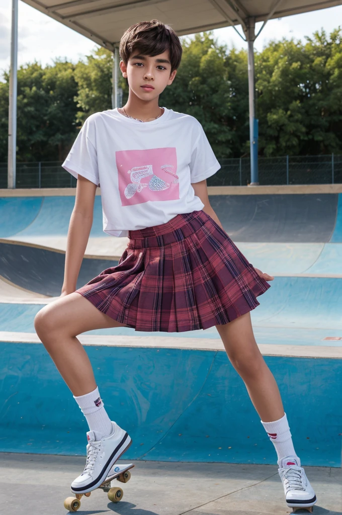 A teen transgender boy playing in the skate park, wearing girly clothes, top shirt, skirt