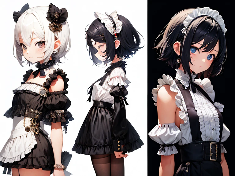 A girl，short hair，Maid costume，（Three View），Very detailed description of the characters，