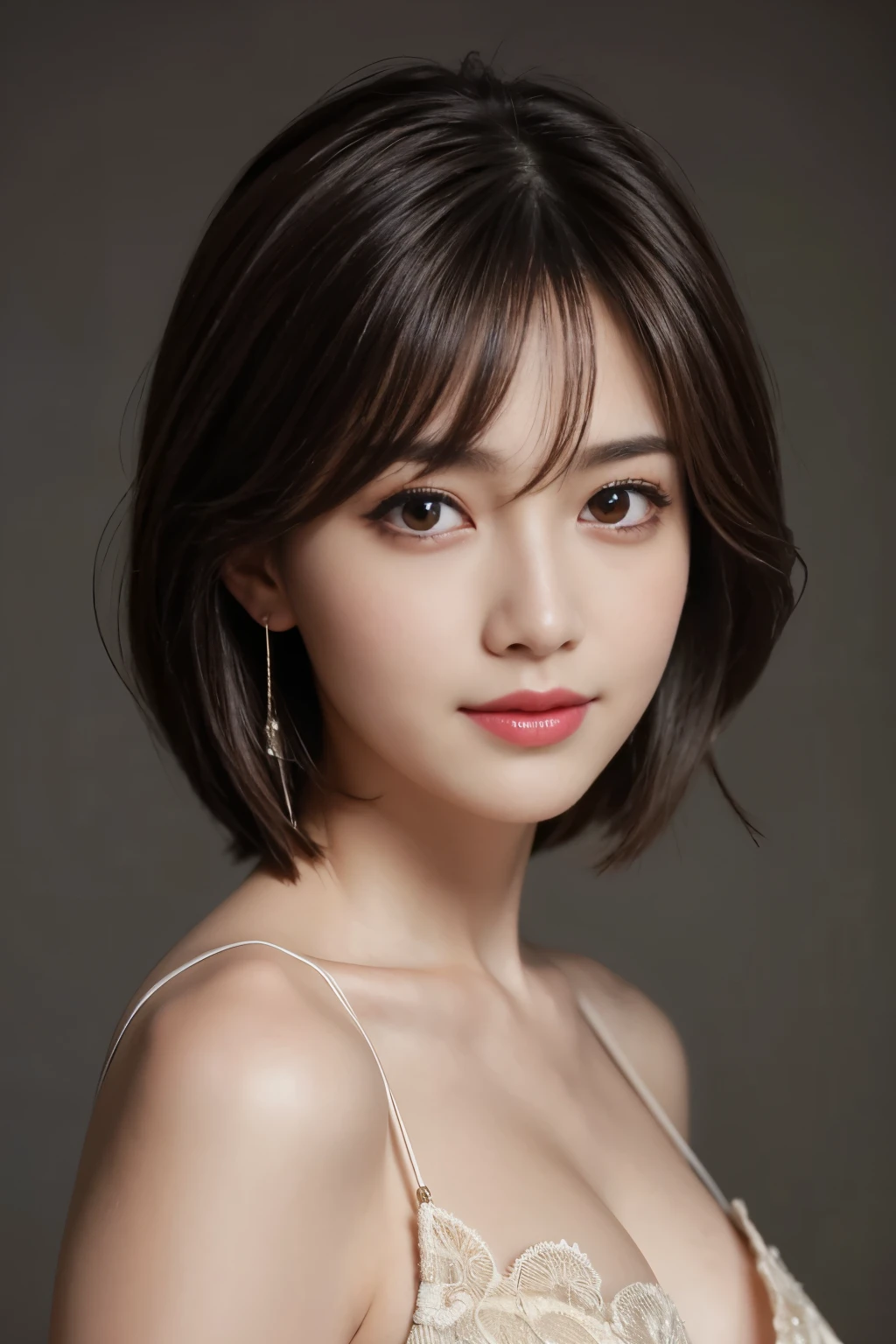 The best quality at its best, Realistically, Super detailed, More about pubic hair, High resolution, Plain background,8k wallpaper, One beautiful woman,,Light brown short hair, Wear a dark suit, Lock Focus, Perfect dynamic composition, Beautiful Eyes, Delicate hair, 细致Realistically的皮肤纹理, smile, Close-up portrait, Model Body Type