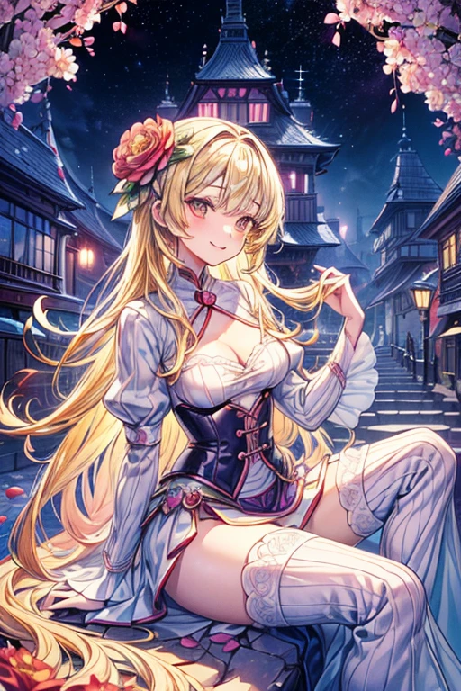 ((最high quality、8K、masterpiece:1.3)),high resolution、最high resolution、最high quality、high quality、Slender、Beautiful poopボディーライン、Beautiful poop大人の女性、huge 、Sexy Style、Accentuate your cleavage、Emphasize the chest、超detailedな、beautifully、aesthetic、Beautiful poop、masterpiece、Showing off cleavage)、garter belt、Beautiful poop女性は, (medium length yellow hair),、Cute smile, (Warm colors), Moist, Moist, Reflective plate, (Tabletop) 、(最high quality) (detailed) , (8K) (Studio Lighting) (Complex) , ((The flower arch is so fantastical and dreamy.)), Gorgeous, Fantastic fairy tale, A rich pastel color palette, Fantastic and dreamy theme, 夢のようなdetailed, Fairy tale setting:, (((A building with lots of flowers)))、Anime fantasy artwork, Anime fantasy illustration, Beautiful poopアートワークのイラスト, Beautiful poopアニメアートwork, Exquisite digital art, Complexな華やかなアニメCGIスタイル, Anime Art Nouveau Space Display, Beautiful poopアニメアート, Beautiful poopデジタル芸術作品, Beautiful poopファンタジーアニメ, detailed anime artwork, detailed Digital Anime Art, Dreamy psychedelic anime、Beautiful poop表現、Beautiful poop乳房、detailedな目、Clearly eye-catching, beautifullyて魅力的、Beautiful poop目、Tight waist、Beautiful poop白い肌、Red Crack、((Long hair decorated with flowers))、(Perfect female body:1.4)、（Sexy Underwear、garter belt、Enamel Bondage Costume)