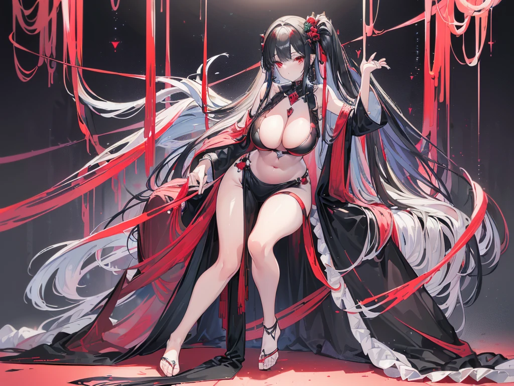 (Exquisite eyes),(Clear and beautiful eyes:1.61),masterpiece, ung girl,(Black clothes and some red gems), Black long hair, (She has a huge red gem on her chest), Good Hand,((The Havoc of StarCraft)),full-body shot,Fighting Stance,(Red Eyes:1.466),short and small,(Very big breasts:1.35),(Pretty Face),(full-body shot:1.33),Beautiful hands