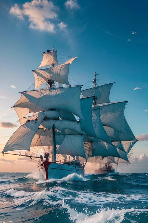 Illustration for a story about a girl, which stands on the seashore, waves hello to the ship. The ship has 3 masts with scarlet sails, which are filled with wind towards the girl. A ship from afar sails along the waves towards the shore, on which the girl is standing. Sandy shore. Sea shells lie randomly on the shore. The sky over the sea and the shore is a delicate blue color. Rare light motley clouds are scattered across the sky. On the horizon behind the ship is a semicircle of the sun, which lights up the sea, shore and highlights the clouds in the sky. Near the ship, dolphins jump out of the water and dive into the water..