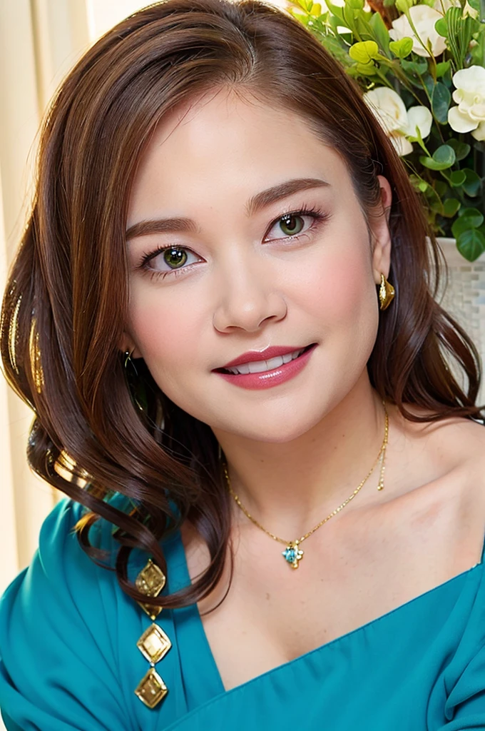 Ultra-high resolution, Superior Quality, highest quality, Very detailed, Realistic, 8k, RAW Photos, highest quality, masterpiece, Attractive girl, Awesome girl, Brown Hair,Wavy Hair、 Shoulder-length layers, Mesh Hair, Japanese Idols, ear piercing、stylish, blouse,smile、Beautiful teeth alignment. green eyes. Contact lens. Chubby cheek.