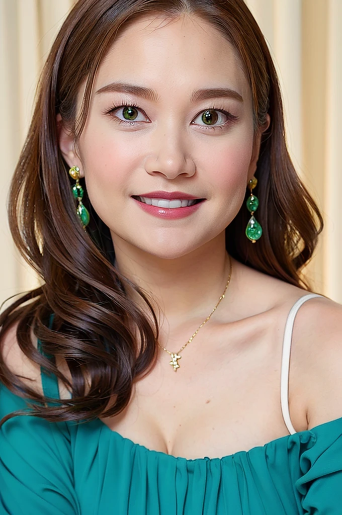 Ultra-high resolution, Superior Quality, highest quality, Very detailed, Realistic, 8k, RAW Photos, highest quality, masterpiece, Attractive girl, Awesome girl, Brown Hair,Wavy Hair、 Shoulder-length layers, Mesh Hair, Japanese Idols, ear piercing、stylish, blouse,smile、Beautiful teeth alignment. green eyes. Contact lens. Chubby cheek.