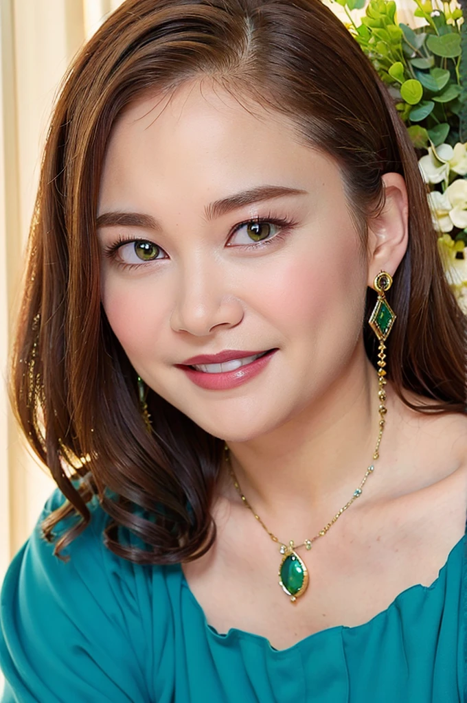 
Ultra-high resolution, Superior Quality, highest quality, Very detailed, Realistic, 8k, RAW Photos, highest quality, masterpiece, Attractive girl, Awesome girl, Brown Hair,Wavy Hair、 Shoulder-length layers, Mesh Hair, Japanese Idols, ear piercing、stylish, blouse,smile、Beautiful teeth alignment. green eyes. Contact lens. Chubby cheek.