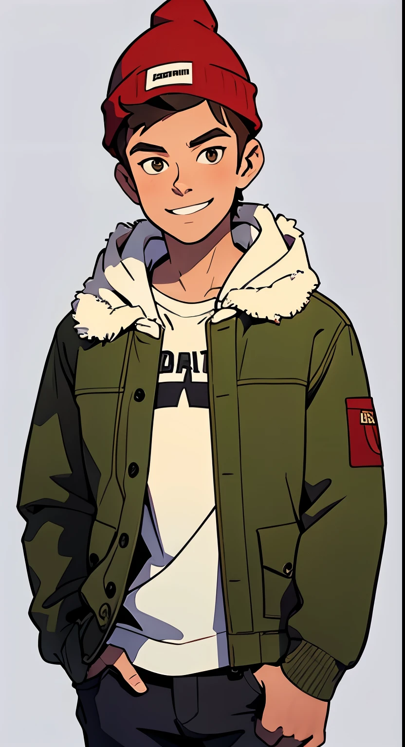 masterpiece,4k, single guy, detailed draawing of a young 21 year old man with brown hair and brown eyes, stubble, wearing a green jacket, jeans and a red beanie, no background, white background, happy, smiling