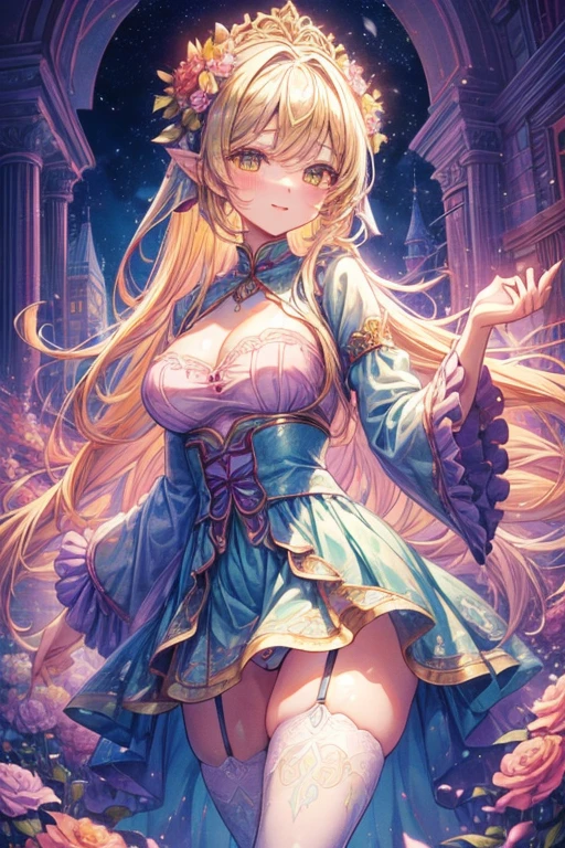 ((最high quality、8K、masterpiece:1.3)),high resolution、最high resolution、最high quality、high quality、Slender、Beautiful poopボディーライン、Beautiful poop大人の女性、huge 、Sexy Style、Accentuate your cleavage、Emphasize the chest、超detailedな、beautifully、aesthetic、Beautiful poop、masterpiece、Showing off cleavage)、garter belt、Beautiful poop女性は, (medium length yellow hair),、Cute smile, (Warm colors), Moist, Moist, Reflective plate, (Tabletop) 、(最high quality) (detailed) , (8K) (Studio Lighting) (Complex) , ((The flower arch is so fantastical and dreamy.)), Gorgeous, Fantastic fairy tale, A rich pastel color palette, Fantastic and dreamy theme, 夢のようなdetailed, Fairy tale setting:, (((A building with lots of flowers)))、Anime fantasy artwork, Anime fantasy illustration, Beautiful poopアートワークのイラスト, Beautiful poopアニメアートwork, Exquisite digital art, Complexな華やかなアニメCGIスタイル, Anime Art Nouveau Space Display, Beautiful poopアニメアート, Beautiful poopデジタル芸術作品, Beautiful poopファンタジーアニメ, detailed anime artwork, detailed Digital Anime Art, Dreamy psychedelic anime、Beautiful poop表現、Beautiful poop乳房、detailedな目、Clearly eye-catching, beautifullyて魅力的、Beautiful poop目、Tight waist、Beautiful poop白い肌、Red Crack、((Long hair decorated with flowers))、(Perfect female body:1.4)、(Sexy Underwear、garter belt、Enamel Bondage Costume)