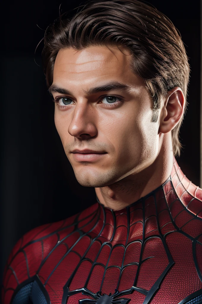 A photograph of spider man, no mask, 20 yo, handsome, detailed face, looking at camera, portrait, 8k uhd, high quality