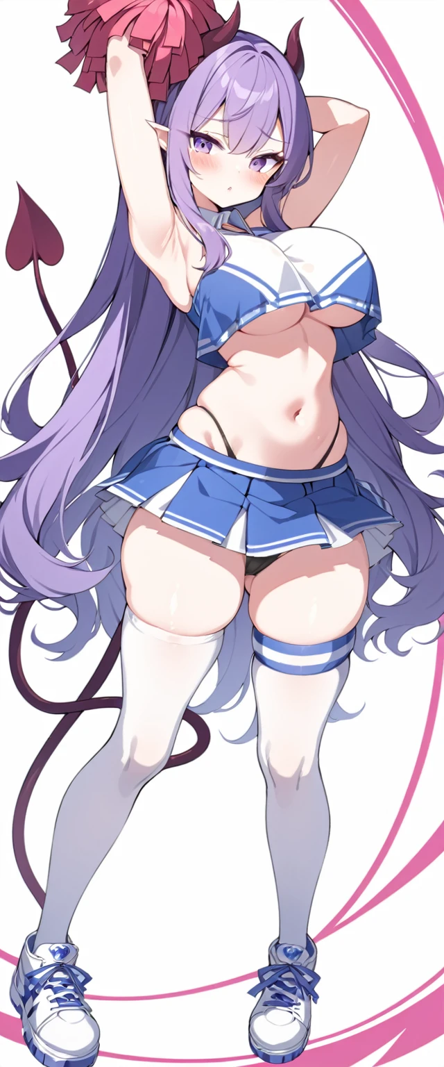 a sexy anime girl has two horns growing out of her head and a devil tail, cheerleader, 1girl, pom pom (cheerleading), breasts, solo, thighhighs, long hair, horns, skirt, navel, tail, holding pom poms, crop top, large breasts, armpits, thigh strap, purple hair, underboob, white thighhighs, underwear, panties, pointy ears, looking at viewer, very long hair, purple eyes, highleg panties, shoes, skindentation, pleated skirt, arms up, highleg, blush, black panties, white footwear, full body, demon tail, sneakers