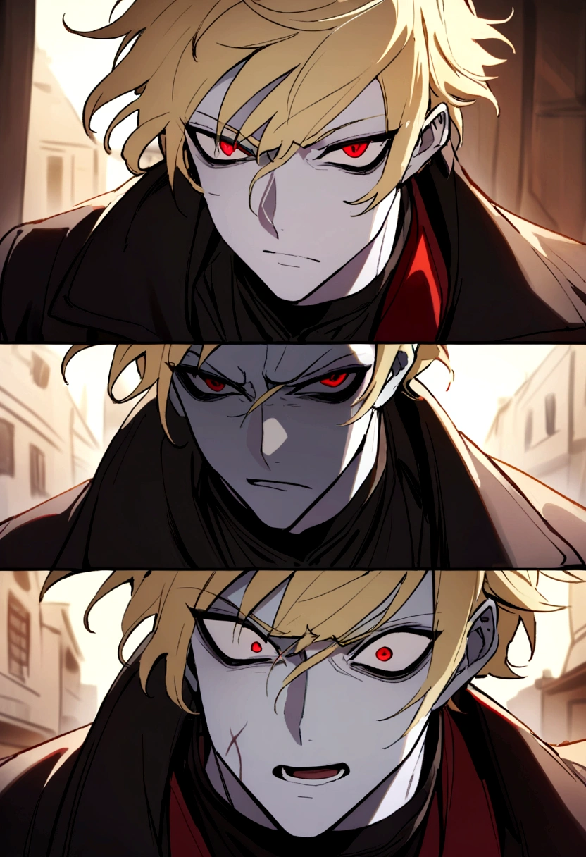 A blonde man with stylish short hair, red eyes and pale skin. His expression is one of hatred. He wears dark clothes and behaves like an alcoholic bum.