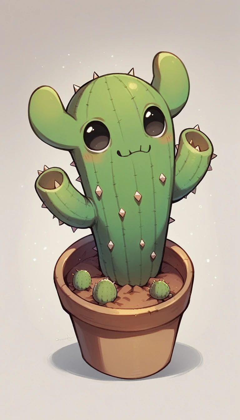 Cute cactus monster, tiny, totally black eyes