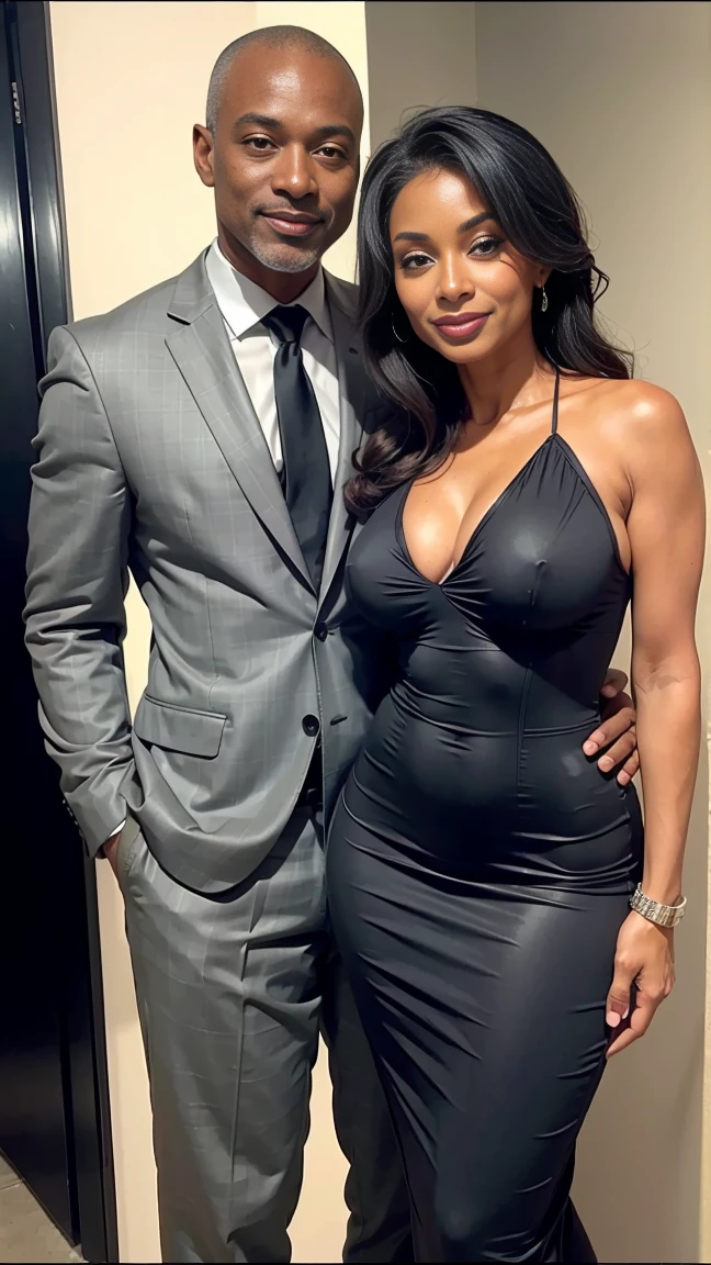 1 very classy and sexy 53 year old Latina woman in a formal gray suit((53 ans))she is accompanied by 1 elegant athletic African American man of 53 years old 