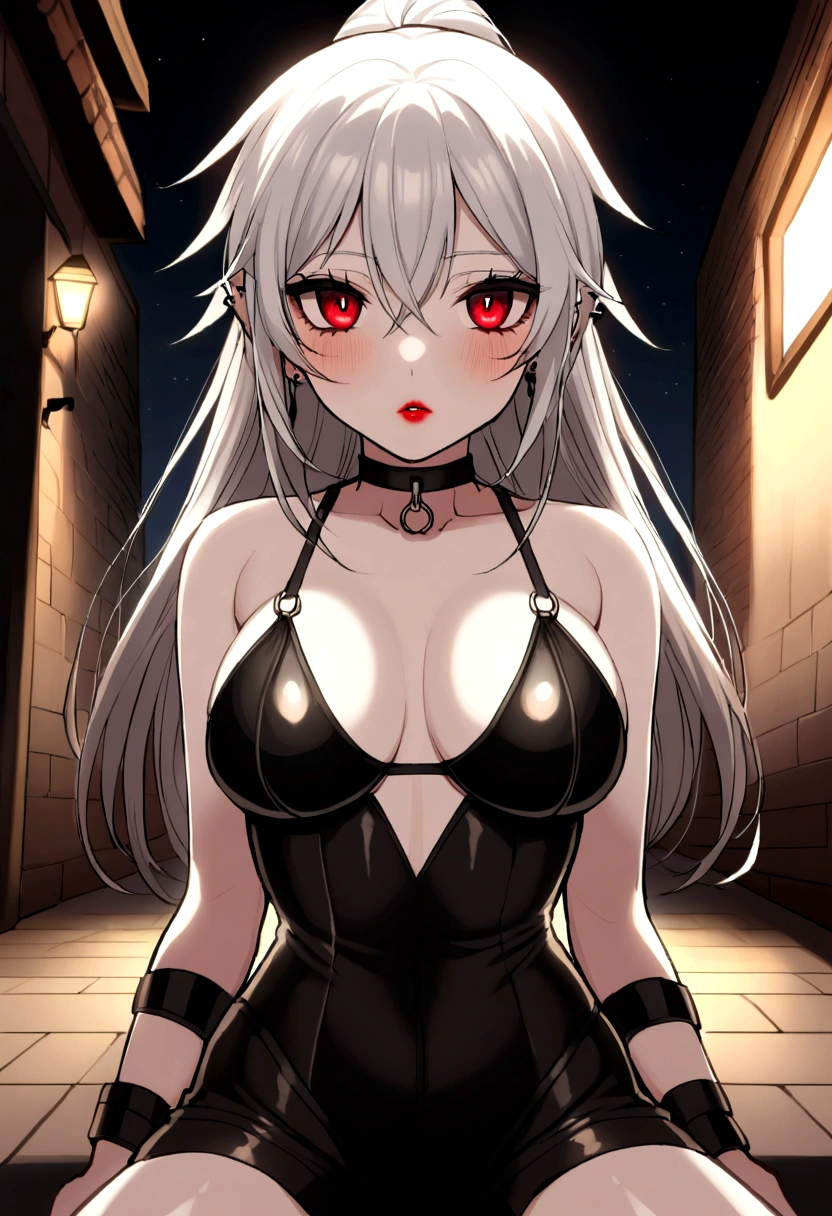 A vampire is at the center of the scene. She has shiny white hair, long and silky, tied in a high ponytail that highlights your face. Your makeup is seductive, with eyes accentuated by dark eyeliner, voluminous eyelashes and deep red lipstick, giving it an irresistible aura. His eyes are a piercing yellow, shining with an unearthly intensity.
She is dressed provocatively, wearing a black bikini that contrasts with her pale, flawless skin. over, She wears short black leather shorts, tight to the body, highlighting your curves. Your look is completed by elegant accessories, like a leather choker and metallic bracelets, that add a touch of danger and mystery to your look.
The surrounding environment is gloomy, but with a touch of gothic elegance. The lighting is soft, with shades of red and purple, creating a nocturnal and mysterious atmosphere. Ao fundo, you can see elements that evoke a decadent urban atmosphere, like old brick walls and graffiti. Some street lamps emit a yellowish light, complementing the glow of the vampire's eyes.