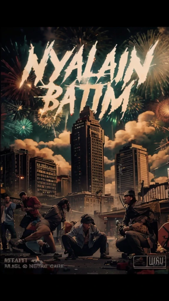 Description: A chaotic urban scene with several large buildings as the main background. Gangsters are roaming the streets, creating an atmosphere of disorder. The focus is on two individuals engaged in a drug deal, looking directly at the viewer. The sky is filled with festive fireworks under the light of a full moon.