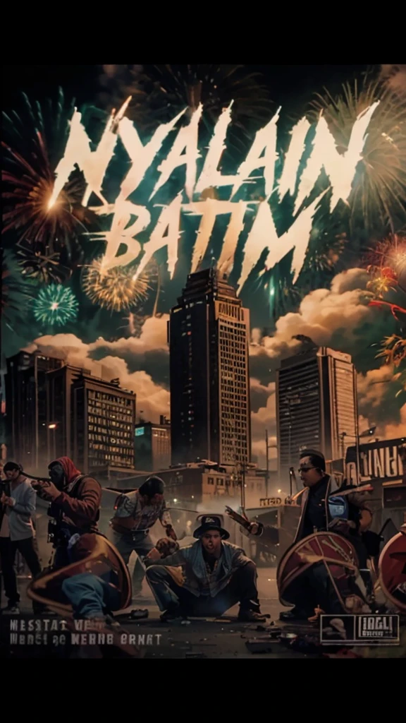 Description: A chaotic urban scene with several large buildings as the main background. Gangsters are roaming the streets, creating an atmosphere of disorder. The focus is on two individuals engaged in a drug deal, looking directly at the viewer. The sky is filled with festive fireworks under the light of a full moon.